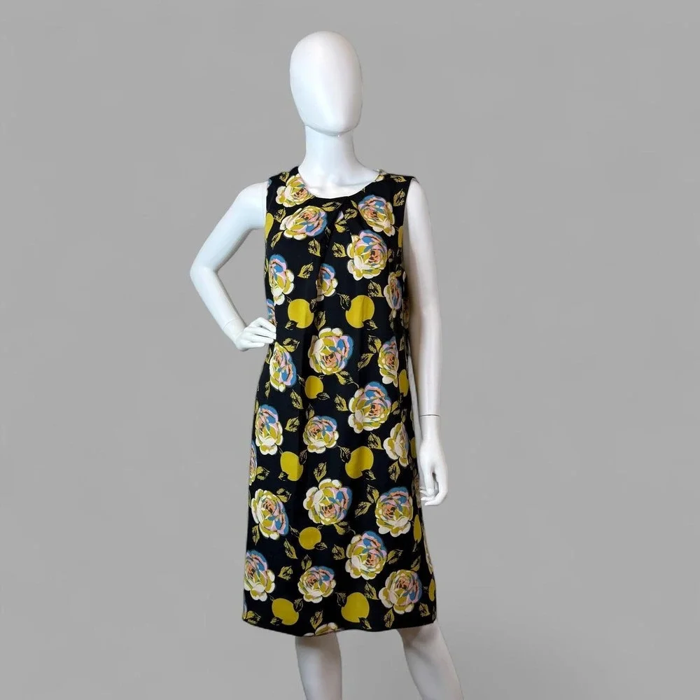 Nine West Womens Floral Citrus Print Sleeveless Shift Dress Black Yellow